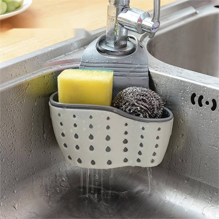 Adjustable Double Wall Kitchen Sink Rack 1pc - Soap Sponge Drain Holder, Hanging Basket Storage, and Suction Cups - Organize Sink Accessories and Save Space with Classic Rectangular Design
