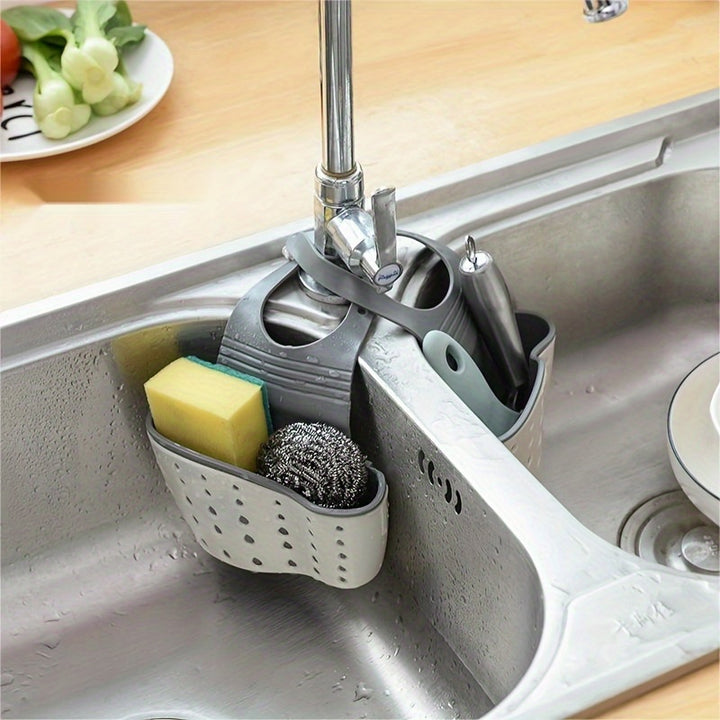 Adjustable Double Wall Kitchen Sink Rack 1pc - Soap Sponge Drain Holder, Hanging Basket Storage, and Suction Cups - Organize Sink Accessories and Save Space with Classic Rectangular Design