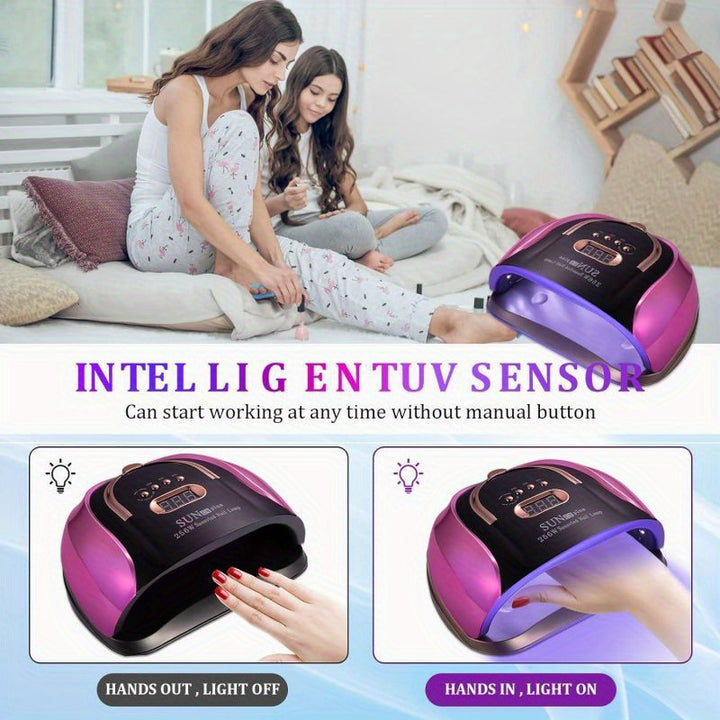256W High-Power UV LED Nail Lamp with 4 Timer Settings, Automatic Sensor & Smart Display - Fast Gel Polish Curing, Purple & Black Design, Ergonomic Handle for Professional Manicures