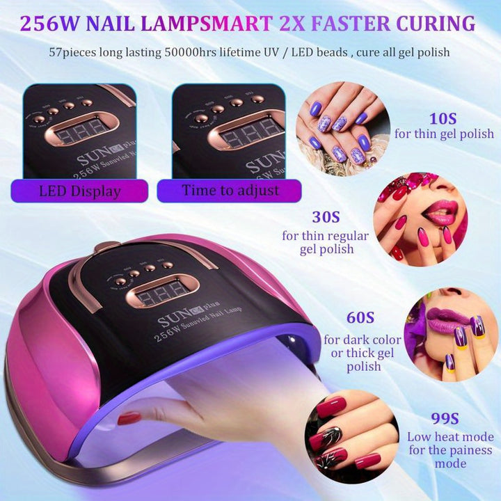 256W High-Power UV LED Nail Lamp with 4 Timer Settings, Automatic Sensor & Smart Display - Fast Gel Polish Curing, Purple & Black Design, Ergonomic Handle for Professional Manicures