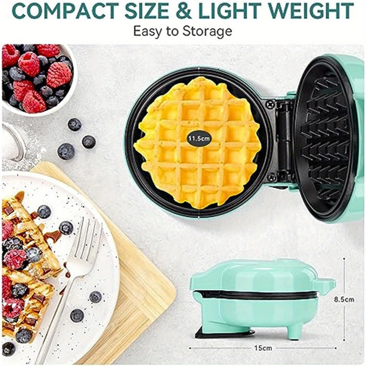 Compact 550W Mini Waffle Maker with Ready Indicator Light, Cool Touch Handle, and Non-Stick Coating - Green