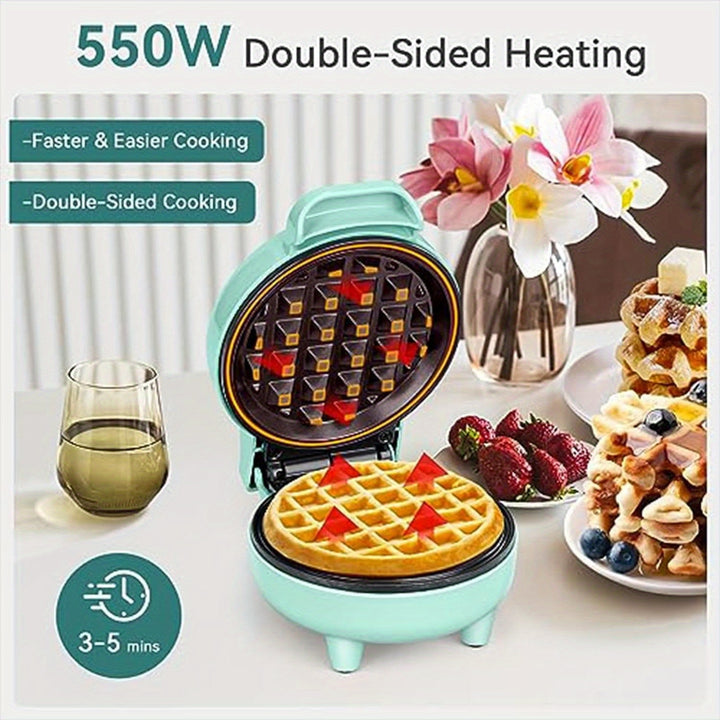 Compact 550W Mini Waffle Maker with Ready Indicator Light, Cool Touch Handle, and Non-Stick Coating - Green