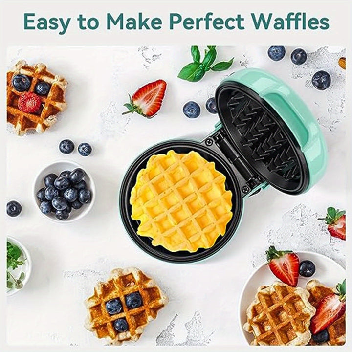 Compact 550W Mini Waffle Maker with Ready Indicator Light, Cool Touch Handle, and Non-Stick Coating - Green