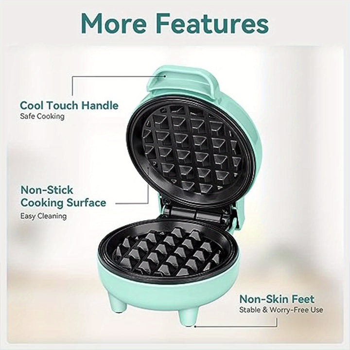 Compact 550W Mini Waffle Maker with Ready Indicator Light, Cool Touch Handle, and Non-Stick Coating - Green