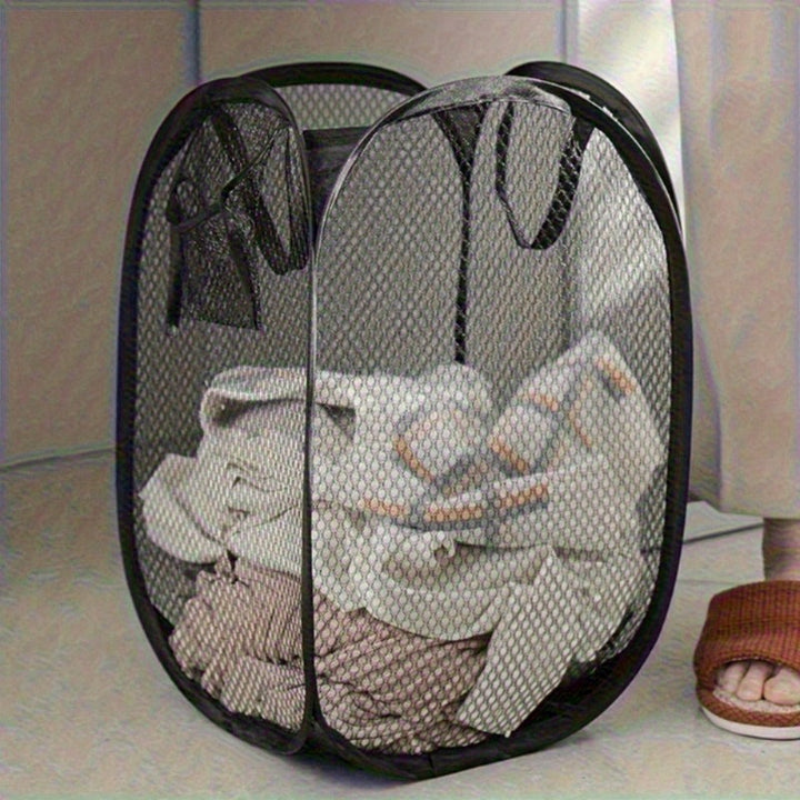 Contemporary Elongated Polyester Mesh Laundry Basket with Handles – High Capacity Foldable Hamper for Clothes Storage in Living Room, Bathroom, Bedroom - Pop-Up, Multiple Components Without Lining