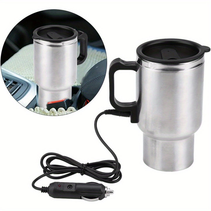 15.22oz Stainless Steel Car Heating Cup - Portable Insulated Travel Mug with 12V Cigarette Lighter, Spill-Proof Silicone Lid & Black Handle for Hot Drinks on the Go, Hot Coffee Travel Mug