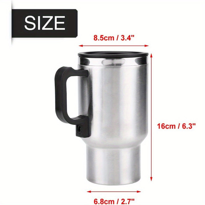 15.22oz Stainless Steel Car Heating Cup - Portable Insulated Travel Mug with 12V Cigarette Lighter, Spill-Proof Silicone Lid & Black Handle for Hot Drinks on the Go, Hot Coffee Travel Mug