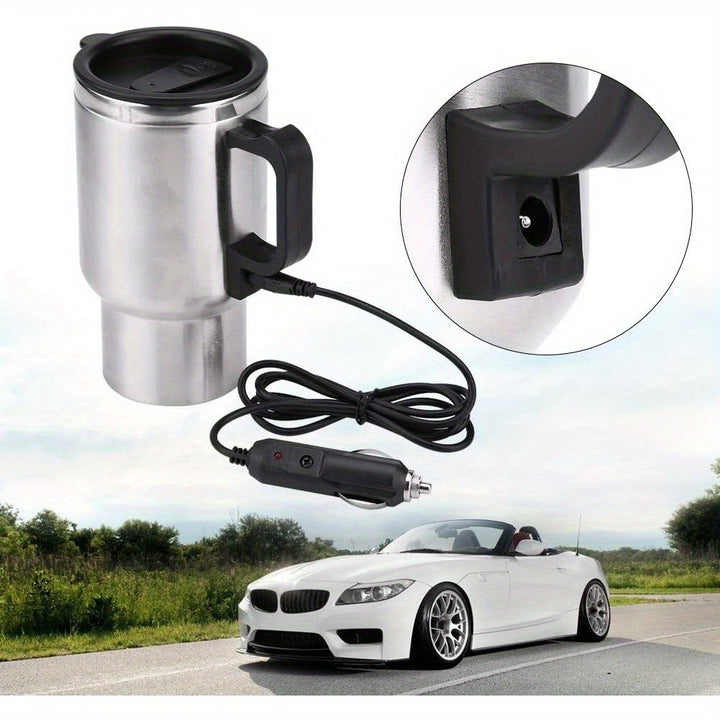 15.22oz Stainless Steel Car Heating Cup - Portable Insulated Travel Mug with 12V Cigarette Lighter, Spill-Proof Silicone Lid & Black Handle for Hot Drinks on the Go, Hot Coffee Travel Mug