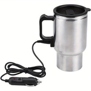 Tasse de chauffage de voiture en acier inoxydable de 15,22 oz - Mug de voyage isolé portable avec allume-cigare 12V, couvercle en silicone anti-déversement et poignée noire pour boissons chaudes à emporter, mug de voyage pour café chaud