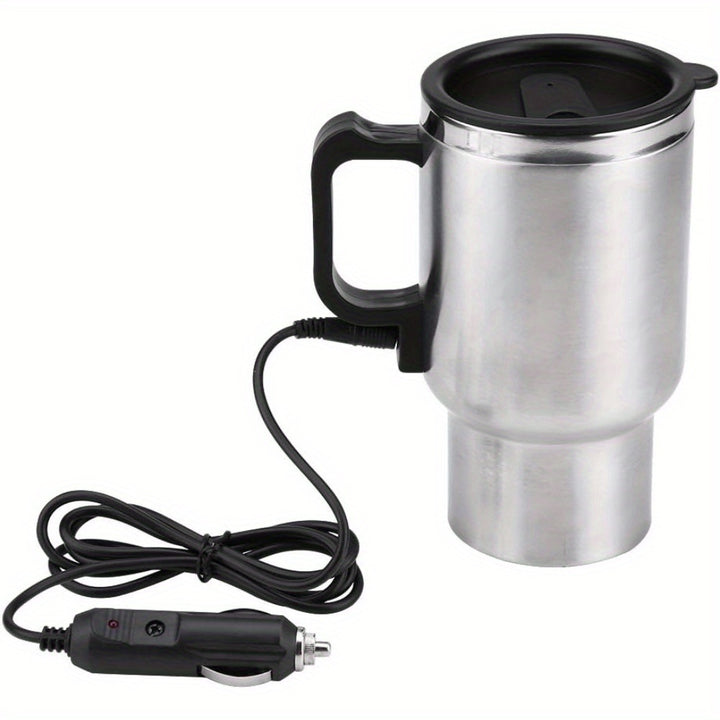 15.22oz Stainless Steel Car Heating Cup - Portable Insulated Travel Mug with 12V Cigarette Lighter, Spill-Proof Silicone Lid & Black Handle for Hot Drinks on the Go, Hot Coffee Travel Mug