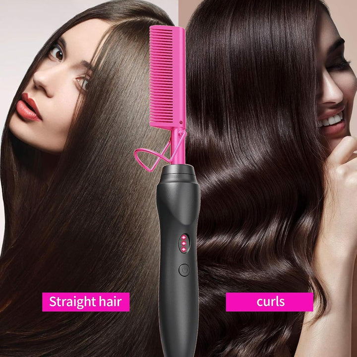 Hot Comb Hair Straightener Portable Ceramic Curler, Copper Hot Comb Heat Press Curl/Straight Hair Styling Brush for Hair Beard Wig Wet and Dry Hair Styling Tools