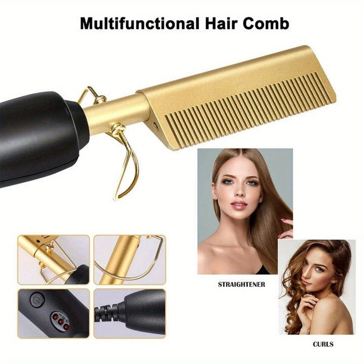 Hot Comb Hair Straightener Portable Ceramic Curler, Copper Hot Comb Heat Press Curl/Straight Hair Styling Brush for Hair Beard Wig Wet and Dry Hair Styling Tools