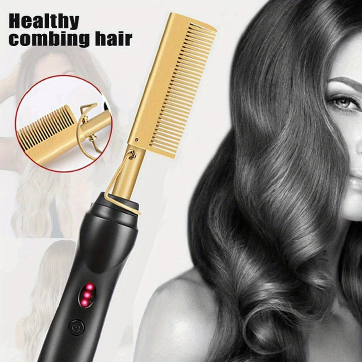 Hot Comb Hair Straightener Portable Ceramic Curler, Copper Hot Comb Heat Press Curl/Straight Hair Styling Brush for Hair Beard Wig Wet and Dry Hair Styling Tools