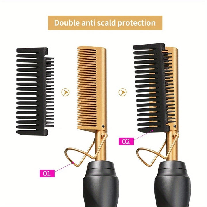 Hot Comb Hair Straightener Portable Ceramic Curler, Copper Hot Comb Heat Press Curl/Straight Hair Styling Brush for Hair Beard Wig Wet and Dry Hair Styling Tools