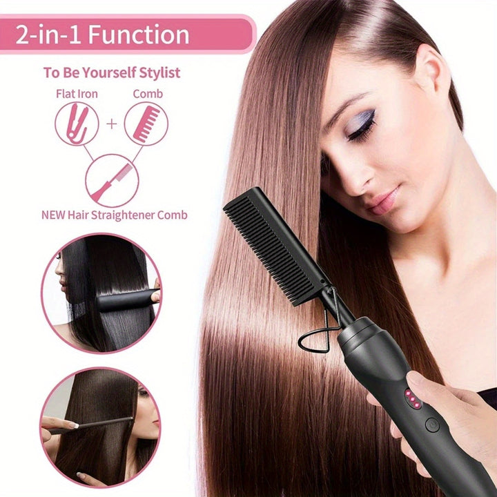 Hot Comb Hair Straightener Portable Ceramic Curler, Copper Hot Comb Heat Press Curl/Straight Hair Styling Brush for Hair Beard Wig Wet and Dry Hair Styling Tools