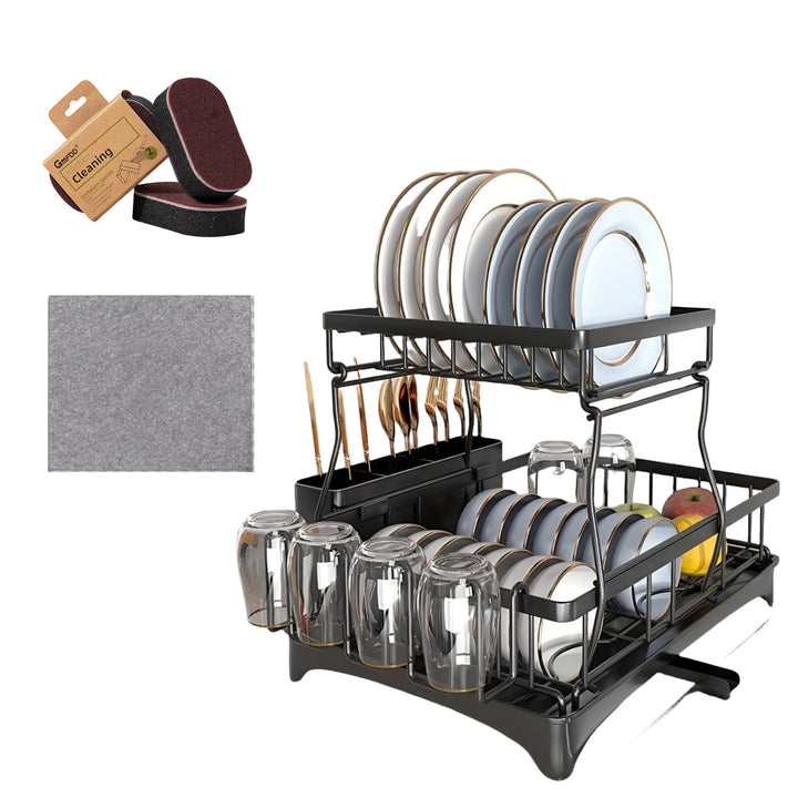 1 set of Dish Rack, with dishcloth and sponge cleaning cloth, 2-layer tableware drain rack, anti-rust kitchen tableware drain rack with drain board, kitchen counter, kitchen accessories, fruit basket storage. Black