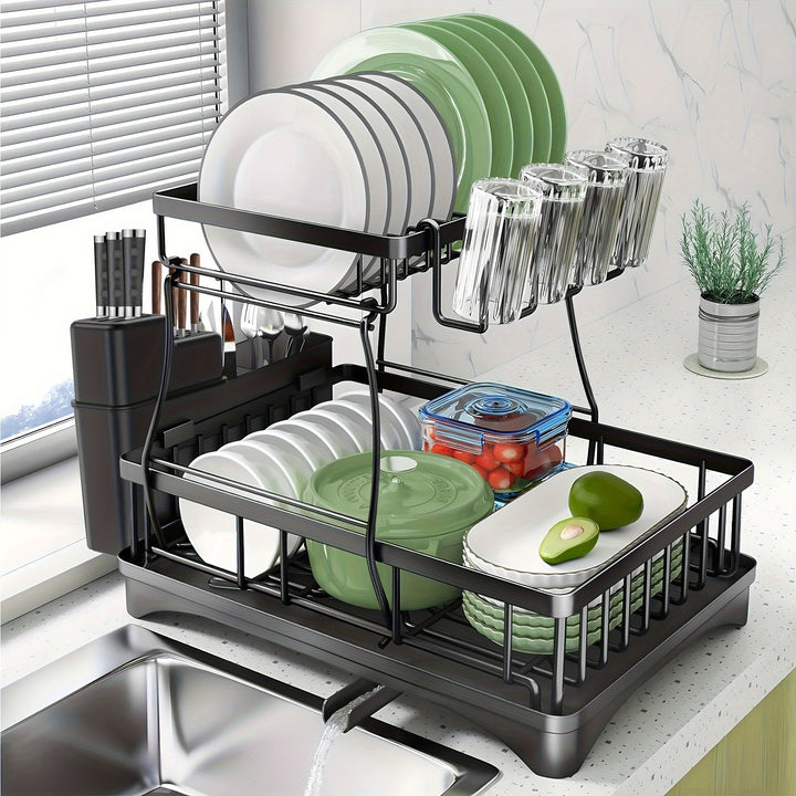 1 set of Dish Rack, with dishcloth and sponge cleaning cloth, 2-layer tableware drain rack, anti-rust kitchen tableware drain rack with drain board, kitchen counter, kitchen accessories, fruit basket storage. Black