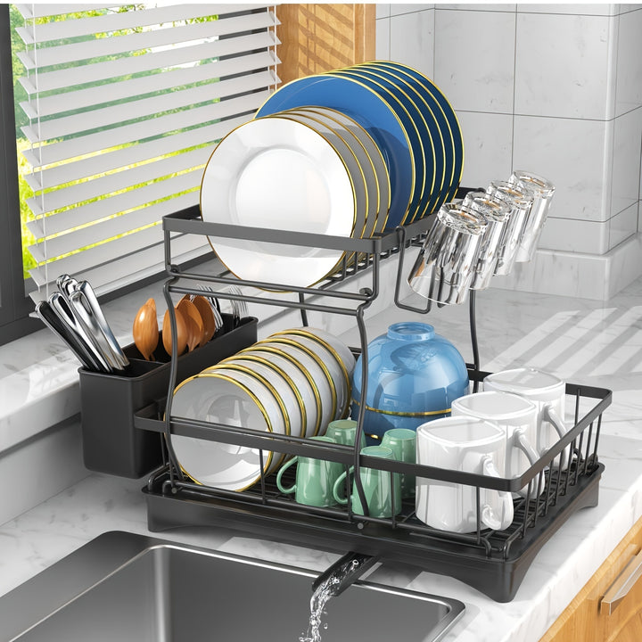 1 set of Dish Rack, with dishcloth and sponge cleaning cloth, 2-layer tableware drain rack, anti-rust kitchen tableware drain rack with drain board, kitchen counter, kitchen accessories, fruit basket storage. Black