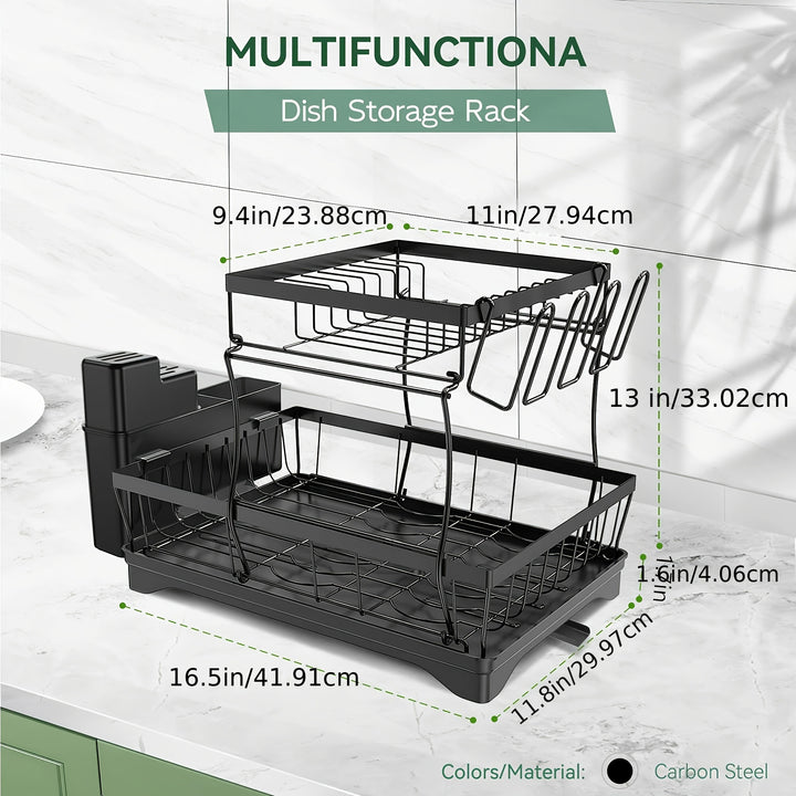 1 set of Dish Rack, with dishcloth and sponge cleaning cloth, 2-layer tableware drain rack, anti-rust kitchen tableware drain rack with drain board, kitchen counter, kitchen accessories, fruit basket storage. Black