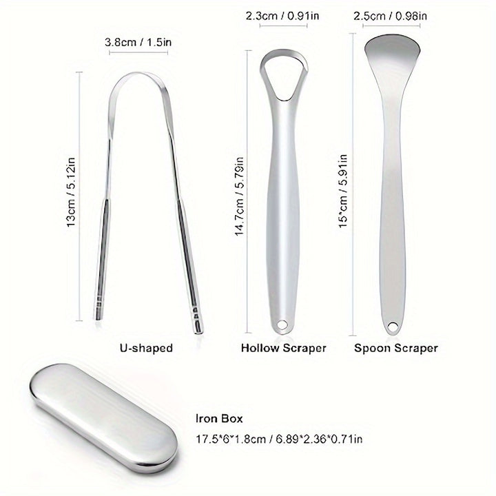 Stainless Steel Tongue Scraper Set, 1/2/3 Pack - Oral Hygiene Care to Reduce Bad Breath - Safe U-Shaped Tongue Cleaners for Adults, Men & Women - Unscented Dental Tool for Fresh Breath