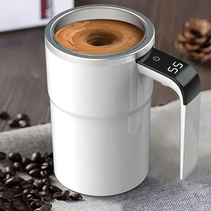 Smart USB-Powered Coffee Mug with Magnetic Stirring & Temperature Display - 12.85oz Stainless Steel Electric Percolator for Milk, Chocolate, Mocha - Travel-Friendly, Perfect Christmas Gift