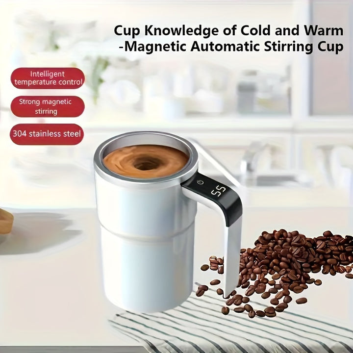 Smart USB-Powered Coffee Mug with Magnetic Stirring & Temperature Display - 12.85oz Stainless Steel Electric Percolator for Milk, Chocolate, Mocha - Travel-Friendly, Perfect Christmas Gift