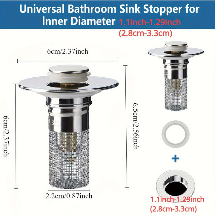 2pcs 2-Pack Pop-Up Bathroom Sink Stopper with Stainless Steel Drain Filter and Hair Catcher, Fits 1.1-1.29 Inch Drains