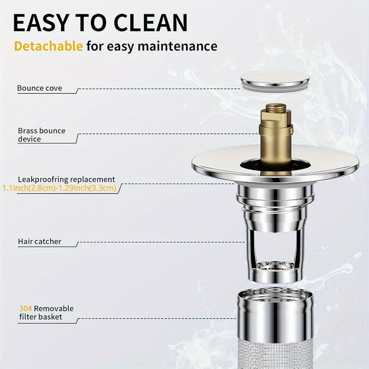 2pcs 2-Pack Pop-Up Bathroom Sink Stopper with Stainless Steel Drain Filter and Hair Catcher, Fits 1.1-1.29 Inch Drains