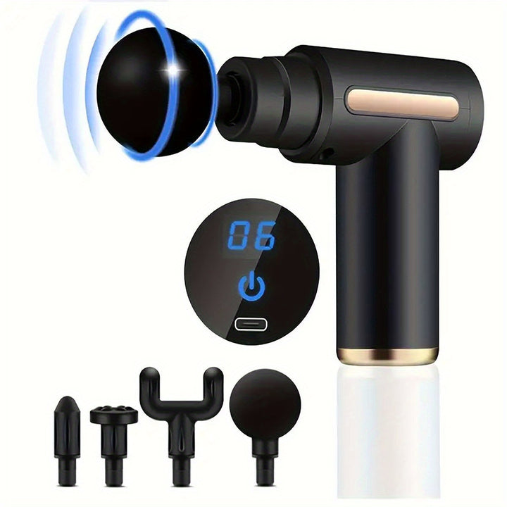 Pistola de Massagem Portátil com Tela Touch LED, Bateria de Lítio Recarregável, 4 Cabeçotes Intercambiáveis, Carregamento USB, Design Leve para Homens e Mulheres - Presente Ideal para o Feriado