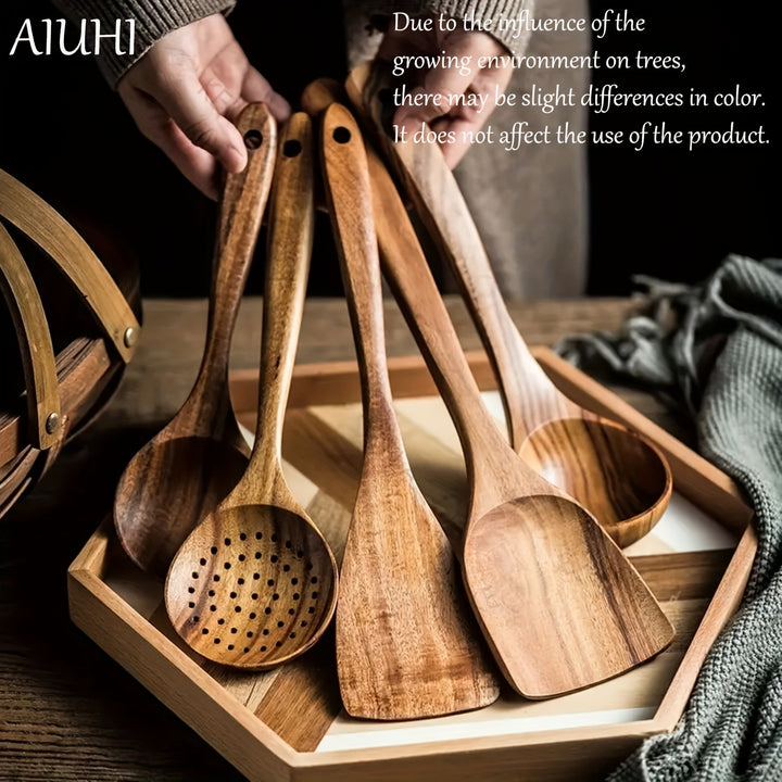 5pcs Premium Wooden Kitchen Utensils Set - Ergonomic Handles, Natural Wooden Spoons, Spurtle, Ladle, And Wok Spatulas for Non-Stick Pans, Heat Resistant, Easy to Clean, And Durable Kitchen Essentials Cookware Accessories