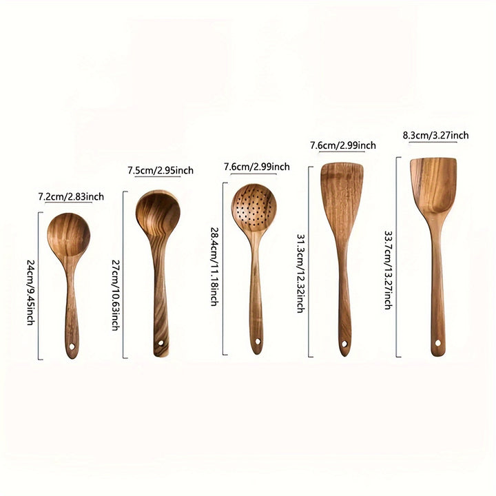 5pcs Premium Wooden Kitchen Utensils Set - Ergonomic Handles, Natural Wooden Spoons, Spurtle, Ladle, And Wok Spatulas for Non-Stick Pans, Heat Resistant, Easy to Clean, And Durable Kitchen Essentials Cookware Accessories