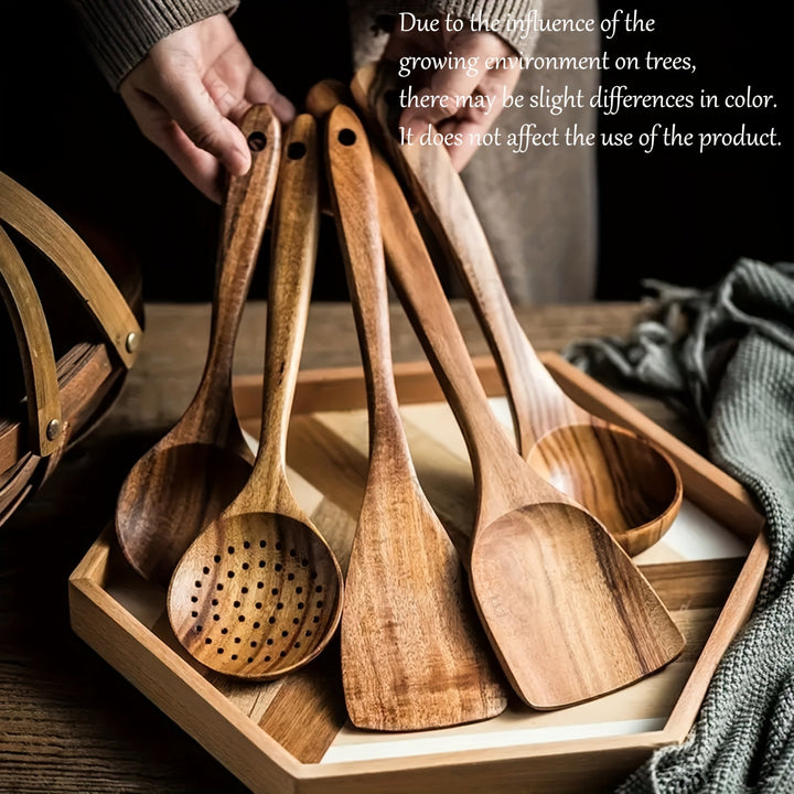 5pcs Premium Wooden Kitchen Utensils Set - Ergonomic Handles, Natural Wooden Spoons, Spurtle, Ladle, And Wok Spatulas for Non-Stick Pans, Heat Resistant, Easy to Clean, And Durable Kitchen Essentials Cookware Accessories