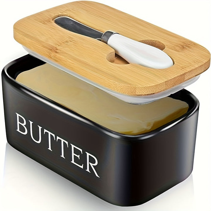 1 Pc Luxury Large Butter Dish with Lid - Ceramic Countertop Keeper with Knife Sealing and Design - Perfect Kitchen