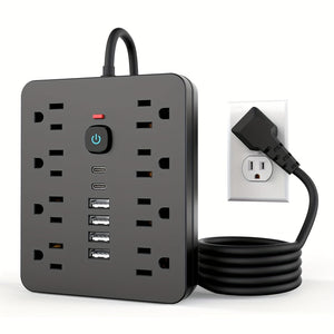 Dies ist eine vielseitige schwarze Steckdosenleiste mit 8 Steckdosen, 4 USB-Ports, 2 USB-C-Ports, einem 5/10-Fuß Verlängerungskabel, einem flachen Stecker, Wandmontagefähigkeit, Überlastschutz und Überspannungsschutz, was sie perfekt zum Laden macht.