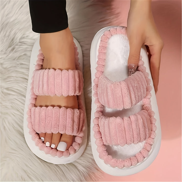 Double Straps Plush Women's Non Slip Comfy Slides Shoes, Solid Color Open Toe Fashion Indoor Platform Slippers