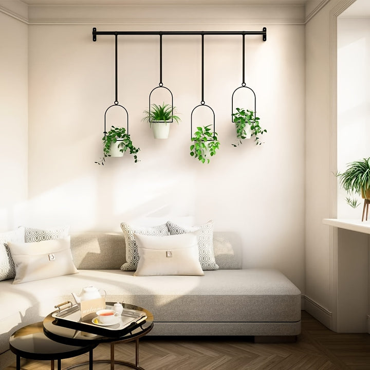 1 Set Metall verstellbare hängende Pflanzgefäße mit 4 Stück Kunststofftöpfen, Schiene für Indoor-Fenster- und Deckenkräutergarten, Wandpflanzenhänger mit Nylonkordeln, 11,8" - 18,1" Breite erweiterbare Schubladen für Töpfe und Pfannen, Küchen-Ausziehregal