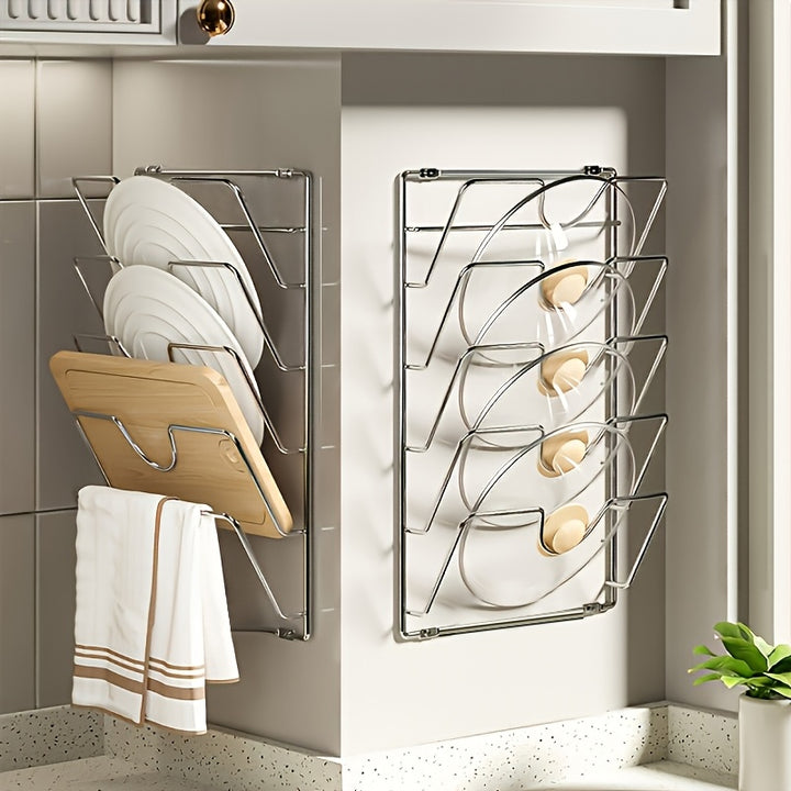 1 Pc of a Sturdy Metal Organizer for Hanging Pot Lids, Designed As a Multi-Level Wall-Mounted Storage Solution for Pots And Lids