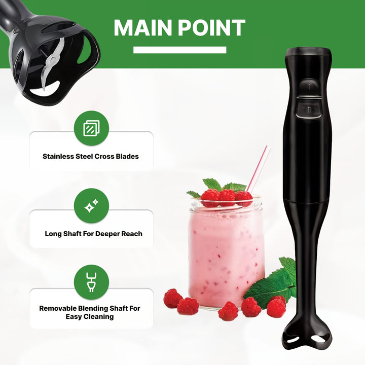 WANT Electric Handheld Blender, Black - 2-Speed Immersion Mixer & Chopper with Ice Crushing Capability, Easy One-Hand Operation, Detachable Stick for Simple Cleaning - Ideal for Smoothies, Shakes, Soups, Sauces - No Battery N