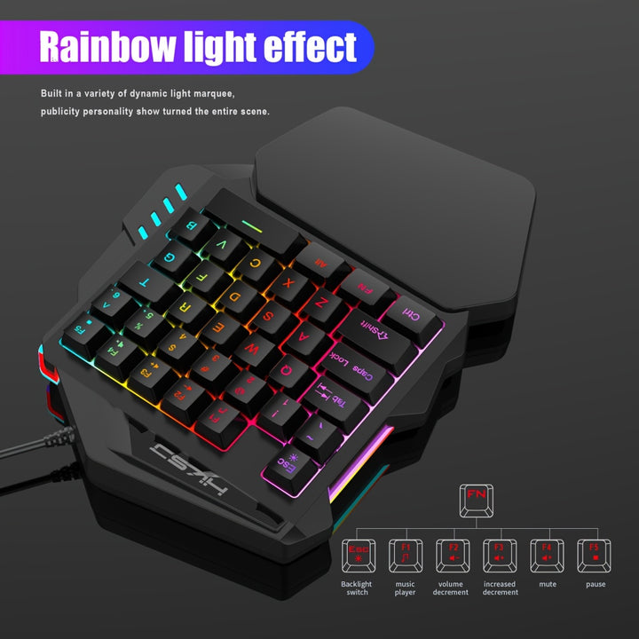 HXSJ Gaming One-Handed Keyboard And Mouse Set with 35 Keys, Dual-Color Injection Molded Keycaps, Colorful Backlight, USB Plug-And-Play Optical Mouse Combo Suitable for Gaming.