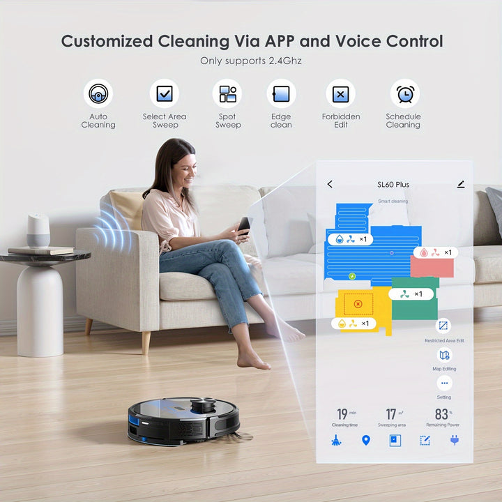 1pc Lubluelu SL60 Plus Robot Vacuum and Mop Combo, Self-Charging 3-in-1 Smart Robotic Vacuum with App Control, Wi-Fi, 4000Pa Strong Suction, Compatible with SmartThings, for Hard Floors and Carpet, Rechargeable Lithium Batter