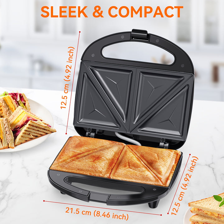 2-Slice Non-Stick Sandwich Maker with Triangle Plates, Cool-Touch Handle & Indicator Lights, Easy to Clean, 750W for Quick Breakfasts and Snacks, BPA-Free Stainless Steel Design