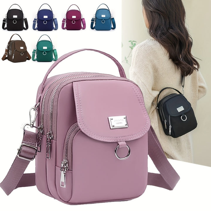 Lightweight Nylon Women's Crossbody Bag - Casual Mini Handbag with Multiple Zip Compartments, Detachable Shoulder Strap, Available in Lavender, Black, Dark Purple, Teal, Brown, Royal Blue