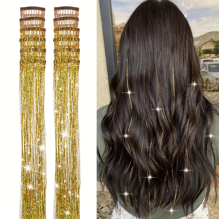 12Pcs Hair Tinsel Clip In 19.6Inch Tinsel Hair Extensions Clip In Hair Tinsel Kit Heat Resistant Shiny Sparkle Glitter Hair Extensions Fairy Hair Accessories For Women