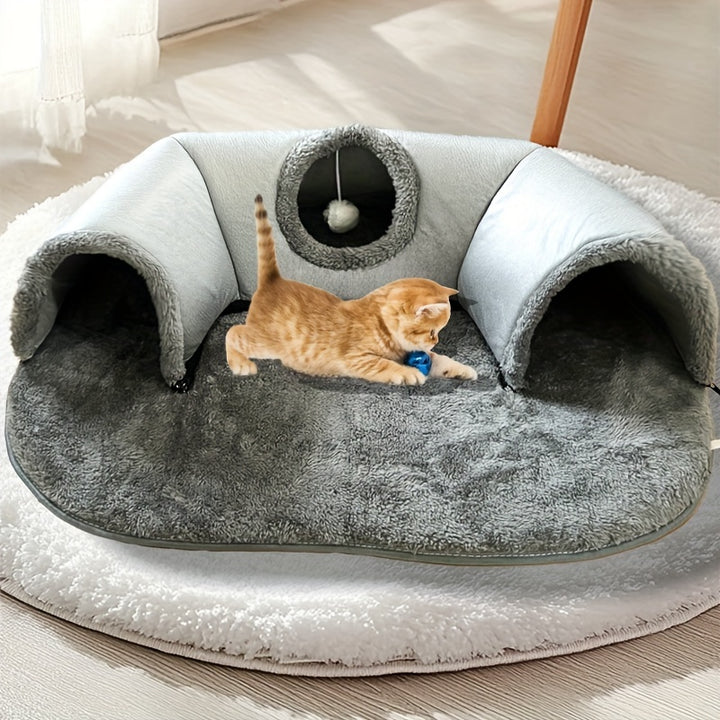 Tunnelle de chat confortable 3-en-1 - Tapis de jeu et nid chaud avec fond antidérapant pour chats de petite à moyenne taille, lapins et hamsters