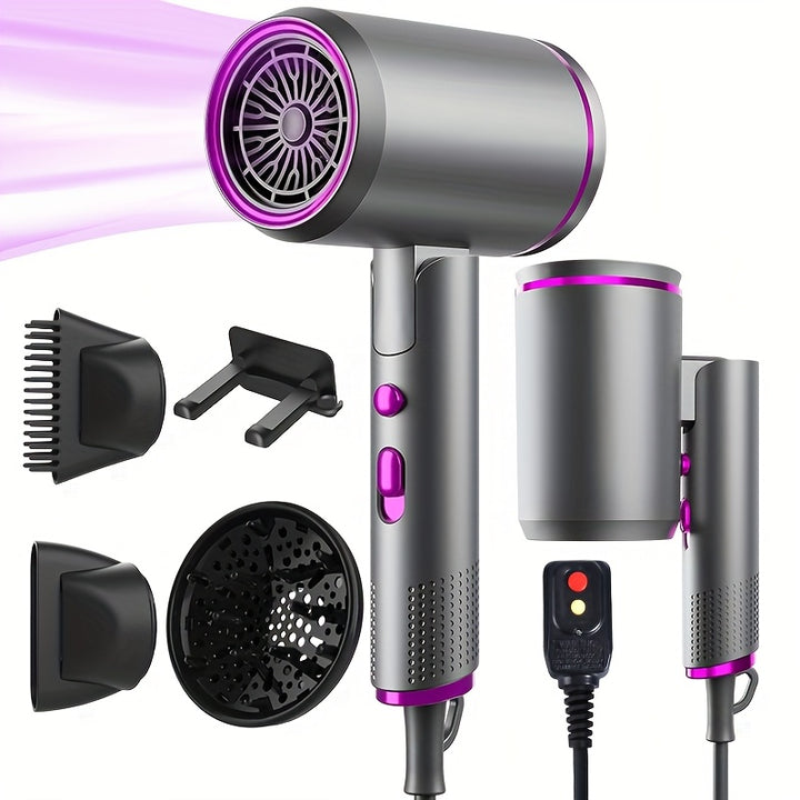 Professional Ionic Hair Dryer Blow Dryer with Diffuser and Concentrator and Hanging rack for Curly Hair Negative Ions Dryer with Ceramic Technology Nozzle for Fast Drying as Salon Light and Quiet, Folding Travel