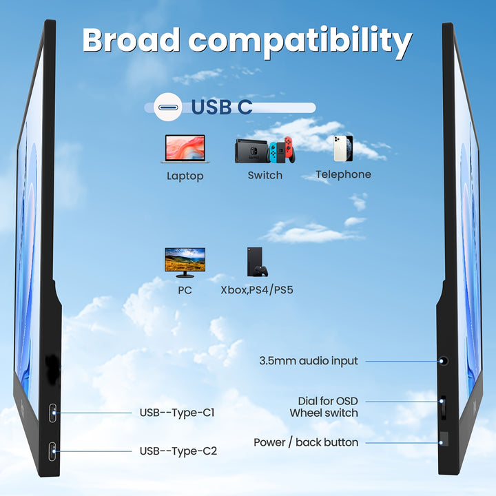 39.62cm MiniTV Portable Monitor 1080P IPS Gaming Monitor HDR Laptop Monitor Extender For Laptop/Mac PC Second Screen Built-in Speakers"