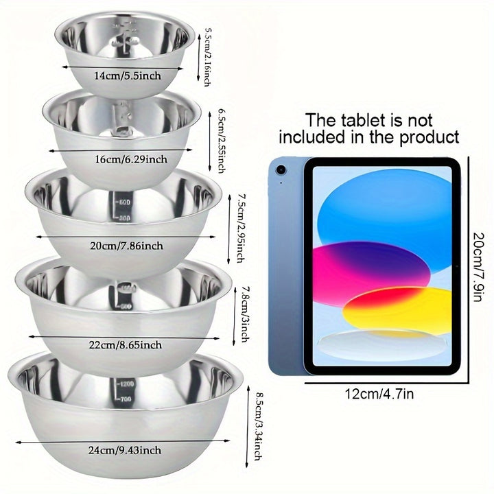 Stainless Steel 5pcs Mixing Bowls - Cooking Bowl With Scale - Great For Cooking, Baking, Prepping, Household Kitchen Cooking Basin