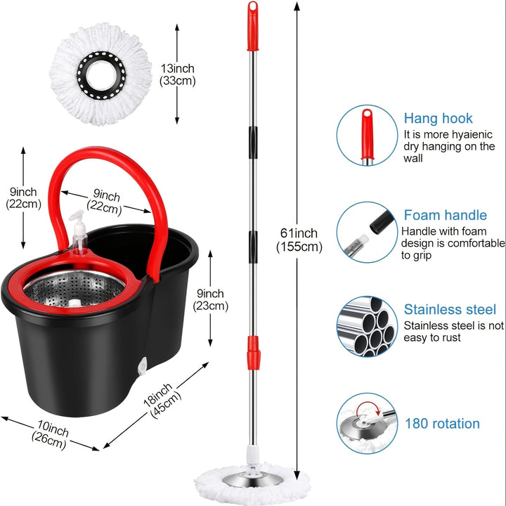 Set di secchio e mocio EasyWring con dispenser di sapone - Sistema rotante a 360°, include 2 teste di mocio in microfibra e manico in acciaio inossidabile regolabile da 61", ideale per una pulizia efficiente dei pavimenti (20QT)