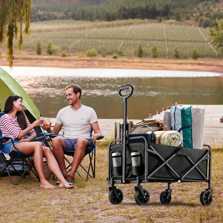 Versatile Heavy-Duty Beach Trolley - Foldable, 4-Wheel Cart with Lockable All-Terrain Wheels & Side Pockets, Large Capacity for Shopping, Sports, Camping