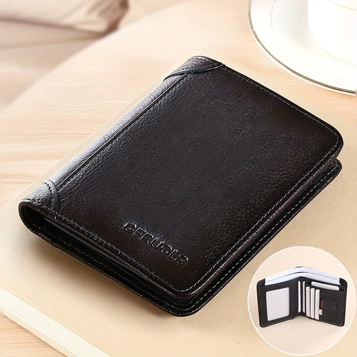 Men's Ultra-thin Double-folded Leather Front Pocket RFID Wallet with 2 ID Card Windows
